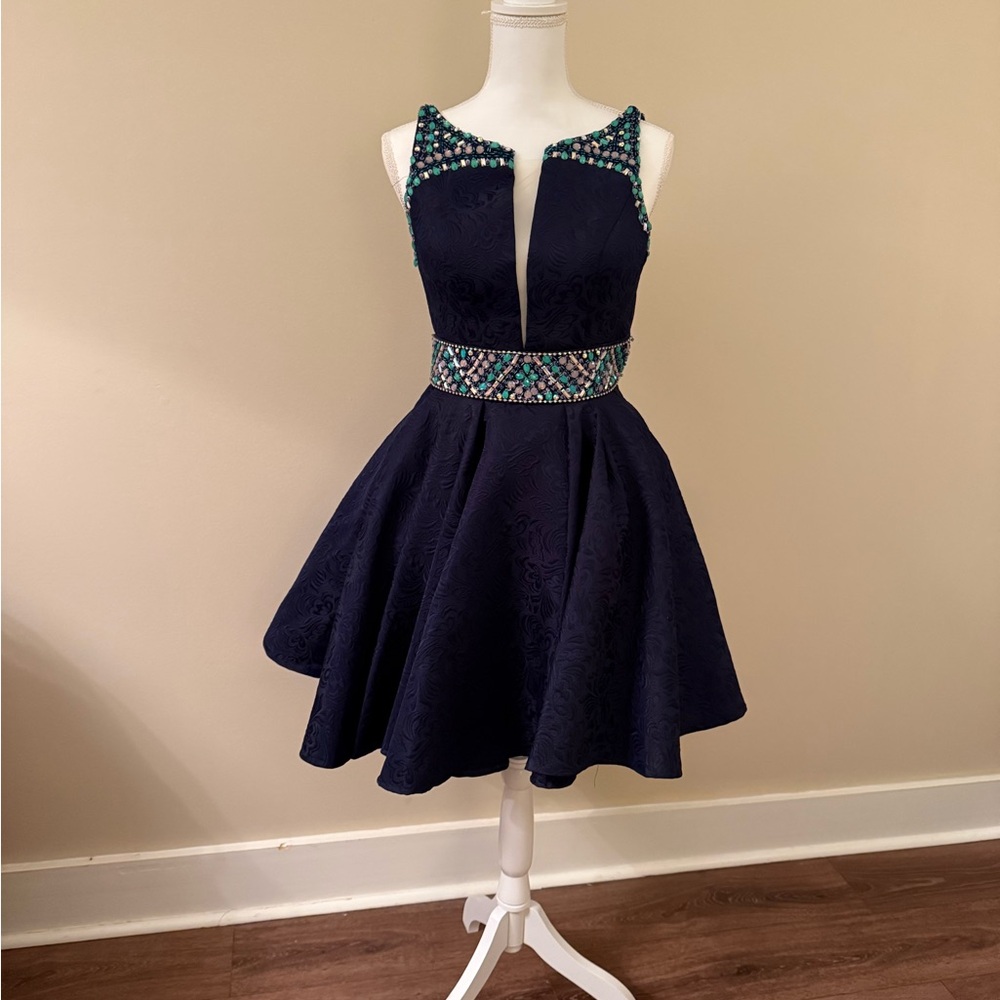 Rachel Allan Navy Cocktail Dress with Teal Bead Embellishments